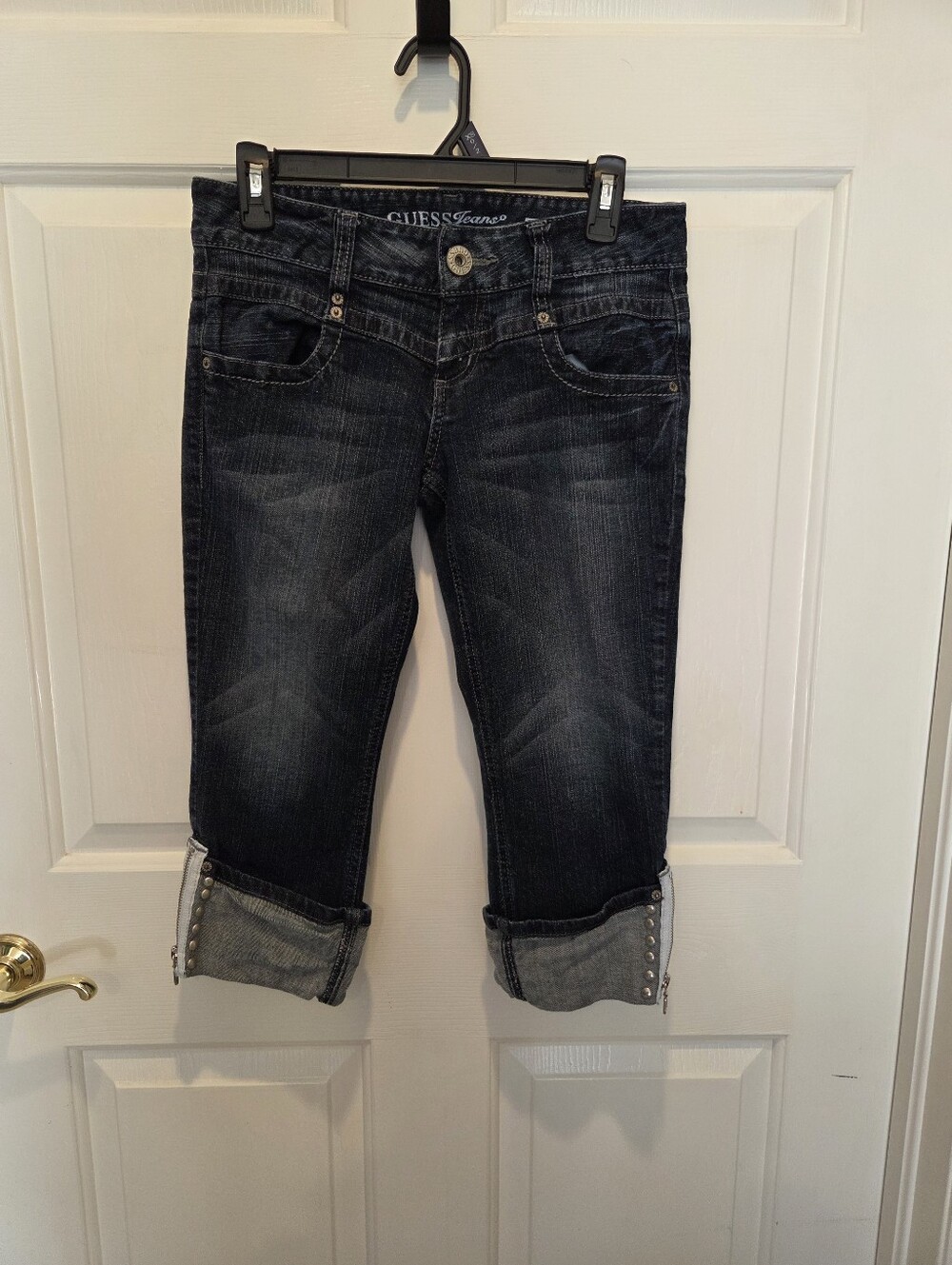 GUESS Dark Blue Cropped Retro Capris Jeans with Cuffed Stud Trim